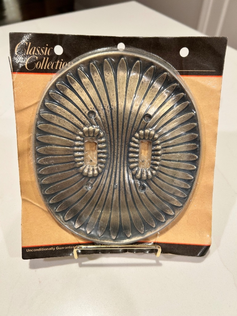Vintage MCM Deco Style Sunburst Brass Tone Metal Light Double Switch Cover NIP